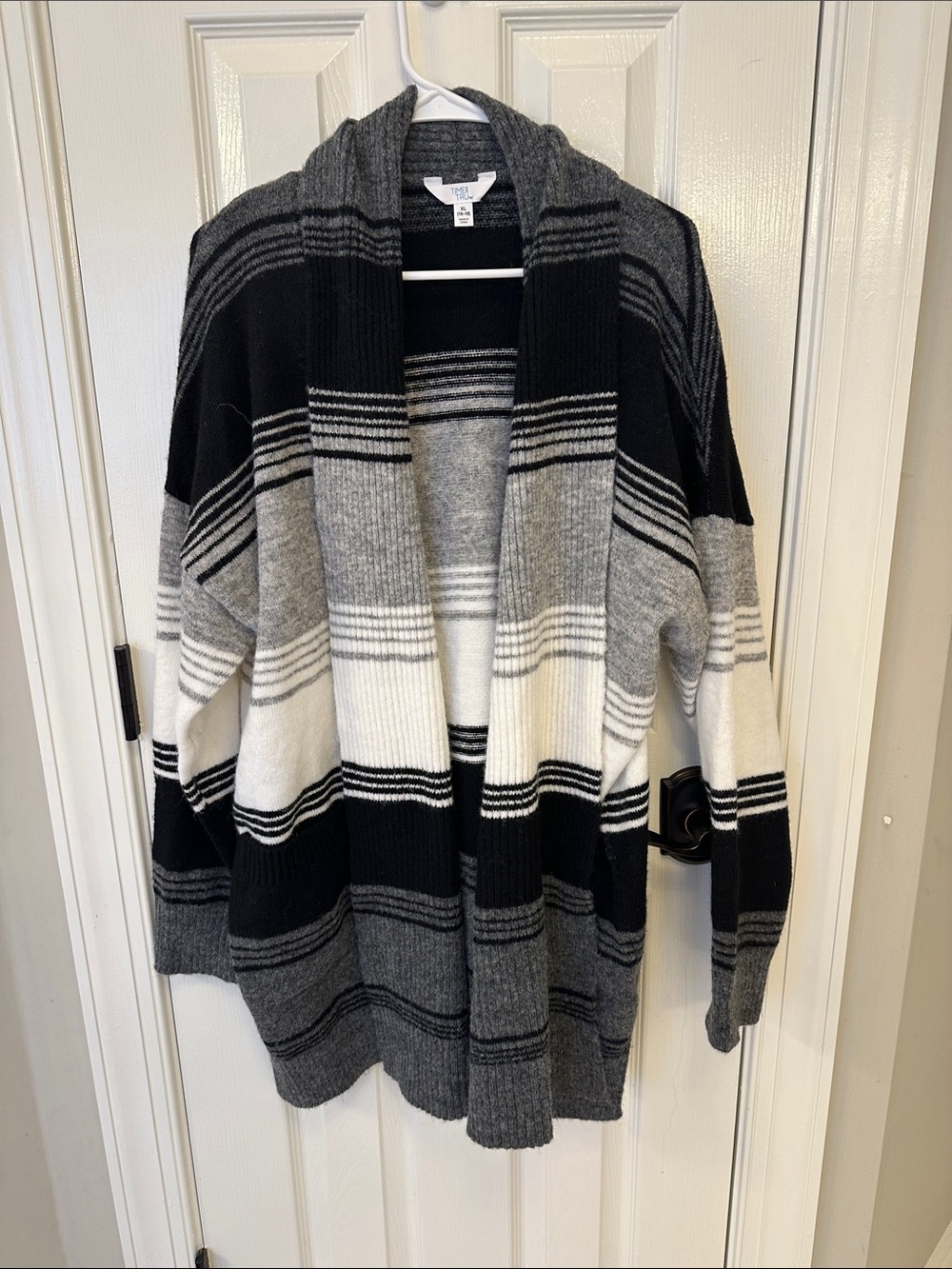 Time and Tru Black, Gray & White Striped Open-Front Cardigan